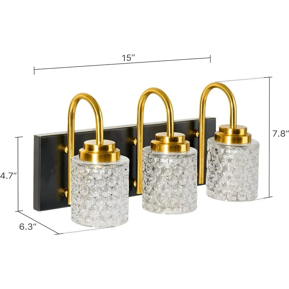 3-Light Crystal Bathroom Vanity Light, Black and Gold Vanity Lights for Bathroom